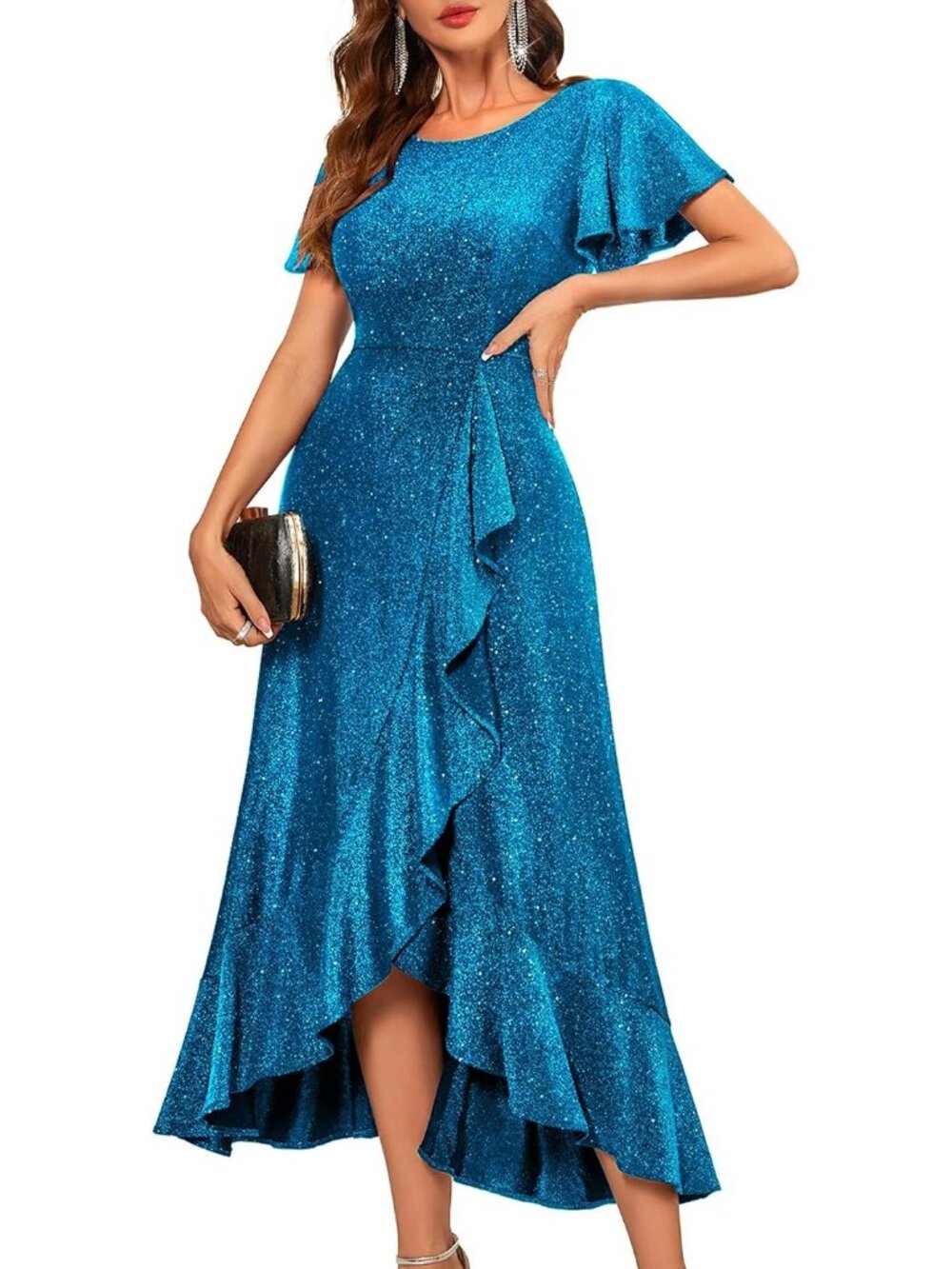 Women's Lake Blue Sequin Bride Wedding Stunning Gowns Formal Events Dresses